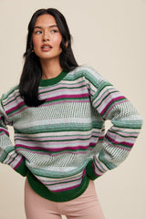 Green Multi Stripe Crew Neck Sweater