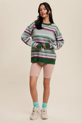 Green Multi Stripe Crew Neck Sweater