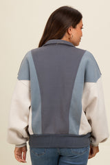 Blue Colorblock Snap Button Maternity Polo Sweatshirt