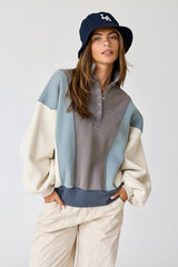 Blue Colorblock Snap Button Polo Sweatshirt