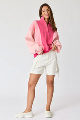 Pink Colorblock Snap Button Polo Sweatshirt