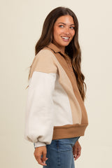 Beige Colorblock Snap Button Maternity Polo Sweatshirt