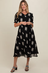 Black Embroidered Sash Tie Maternity Midi Dress