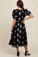 Black Embroidered Sash Tie Midi Dress