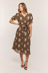 Brown Embroidered Sash Tie Midi Dress