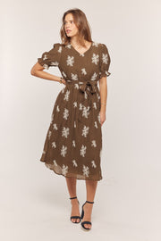 Brown Embroidered Sash Tie Midi Dress