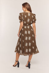 Brown Embroidered Sash Tie Midi Dress