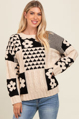 Beige Floral Mixed Print Cable Knit Maternity Sweater