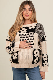 Beige Floral Mixed Print Cable Knit Maternity Sweater