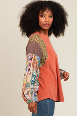 Rust Mixed Print Bubble Sleeve Top