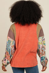 Rust Mixed Print Bubble Sleeve Top