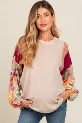 Beige Mixed Print Bubble Sleeve Maternity Top