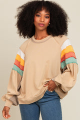 Beige Colorblock Bubble Sleeve Maternity Pullover