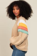 Beige Colorblock Bubble Sleeve Pullover