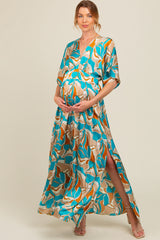 Light Blue Printed Deep V-Neck Maternity Maxi Dress