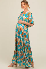 Light Blue Printed Deep V-Neck Maternity Maxi Dress