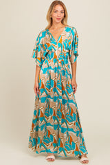 Light Blue Printed Deep V-Neck Maternity Maxi Dress