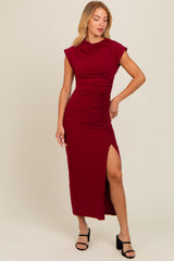 Burgundy Ruched Mock Neck Slit Midi Dress