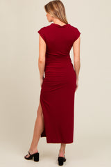 Burgundy Ruched Mock Neck Maternity Slit Midi Dress