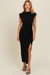 Black Ruched Mock Neck Maternity Slit Midi Dress