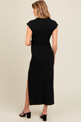 Black Ruched Mock Neck Maternity Slit Midi Dress