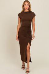 Mocha Ruched Mock Neck Maternity Slit Midi Dress