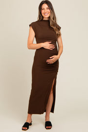 Mocha Ruched Mock Neck Maternity Slit Midi Dress