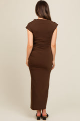 Mocha Ruched Mock Neck Maternity Slit Midi Dress