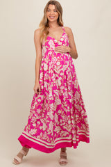 Fuchsia Floral Cutout Back Tie Maternity Maxi Dress