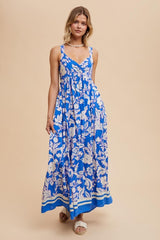 Blue Floral Cutout Back Tie Maxi Dress