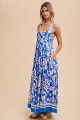 Blue Floral Cutout Back Tie Maxi Dress