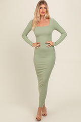 Light Olive Ribbed Long Sleeve Square Neck Maternity Maxi Dress