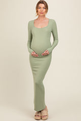 Light Olive Ribbed Long Sleeve Square Neck Maternity Maxi Dress