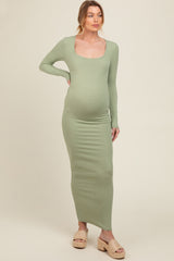 Light Olive Ribbed Long Sleeve Square Neck Maternity Maxi Dress