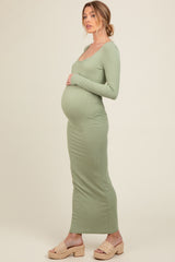 Light Olive Ribbed Long Sleeve Square Neck Maternity Maxi Dress