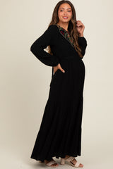 Black Embroidered Maternity Tiered Maxi Dress