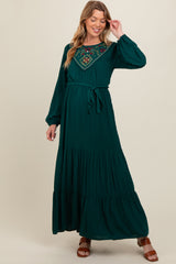 Dark Teal Embroidered Maternity Tiered Maxi Dress