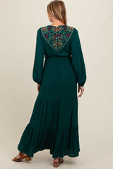 Dark Teal Embroidered Maternity Tiered Maxi Dress