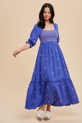 Royal Blue Gauze Smocked Embroidered Square Neck Maternity Midi Dress