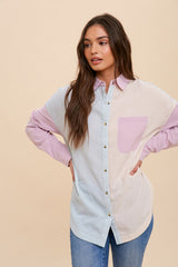 Magenta Colorblock Gingham Button Down Top