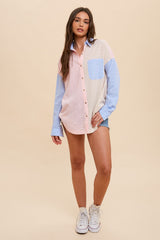 Blue Colorblock Gingham Button Down Top