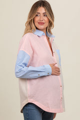 Blue Colorblock Gingham Maternity Button Down Top