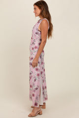 Lavender Rose Print Ruched Mesh Dress