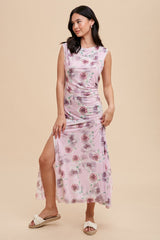 Lavender Rose Print Ruched Mesh Dress