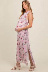 Lavender Rose Print Ruched Mesh Maternity Dress