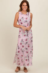 Lavender Rose Print Ruched Mesh Dress