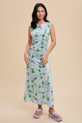 Light Blue Rose Print Ruched Mesh Dress