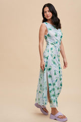 Light Blue Rose Print Ruched Mesh Dress