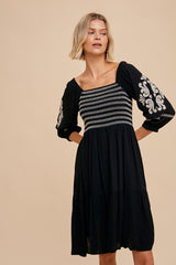 Black Smocked Embroidered Damask Dress