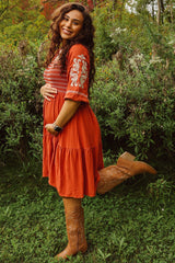 Rust Smocked Embroidered Damask Maternity Dress